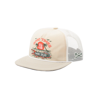 Beige trucker hat with red and green text and graphics on a white background