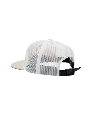Beige and white cap with mesh back on a transparent background