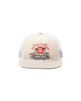 Beige cap with 'Good Times All the Time' text and graphics on a white background