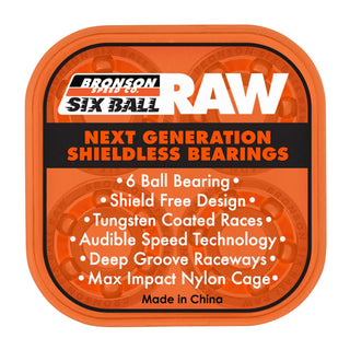 Bronson 6-Ball Raw bearings with shield-free design and tungsten coated races for maximum speed and durability.