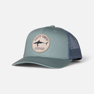 Marine and slate Salty Crew Bruce trucker hat with woven front patch, structured low-crown fit, and snapback closure.