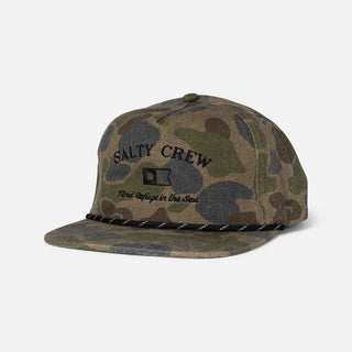 Camouflage cap with 'Salty Crew' logo on a light gray background
