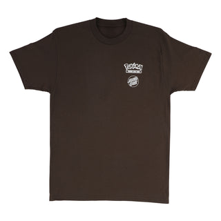 Back view of Santa Cruz Pokémon Power Dot Heavyweight Tee in Java brown with a large Santa Cruz logo surrounded by colorful Pokémon type icons