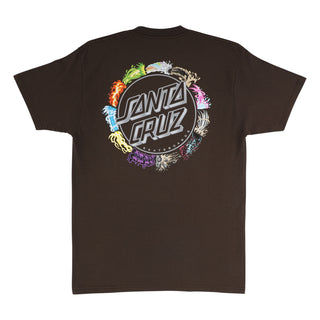 Back view of Santa Cruz Pokémon Power Dot Heavyweight Tee in Java brown with a large Santa Cruz logo surrounded by colorful Pokémon type icons