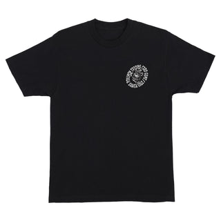 Back view of Santa Cruz Pokémon TCG Hand Heavyweight Tee in black with a blue hand holding a Pokémon card, surrounded by yellow Pokémon Trading Card Game and white Santa Cruz lettering