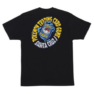 Back view of Santa Cruz Pokémon TCG Hand Heavyweight Tee in black with a blue hand holding a Pokémon card, surrounded by yellow Pokémon Trading Card Game and white Santa Cruz lettering