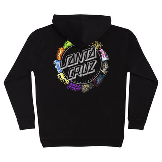 Back view of Santa Cruz Pokémon Power Dot Hooded Midweight Sweatshirt in black with a large Santa Cruz logo surrounded by colorful Pokémon type icons