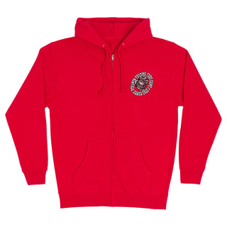 Back view of Santa Cruz Pokémon TCG Hand Zip Hooded Heavyweight Sweatshirt in red with a blue hand holding a Pokémon card and Pokémon Trading Card Game and Santa Cruz lettering