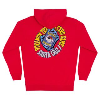 Back view of Santa Cruz Pokémon TCG Hand Zip Hooded Heavyweight Sweatshirt in red with a blue hand holding a Pokémon card and Pokémon Trading Card Game and Santa Cruz lettering
