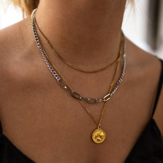 ALCO Jewelry 3 Little Birds Necklace, 18K gold-plated, 3-in-1 chain design, hypoallergenic.