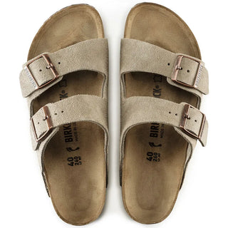 Classic Arizona Birkenstock sandals with velvety suede upper and adjustable straps.