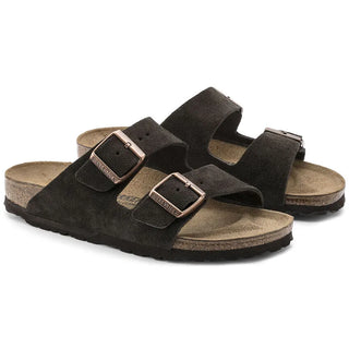 Classic suede Arizona Birkenstock sandals with contoured cork-latex footbed.