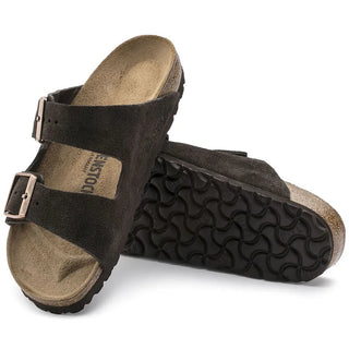 Classic suede Arizona Birkenstock sandals with contoured cork-latex footbed.