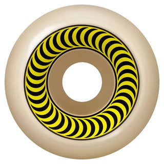 Spitfire Formula Four OG Classics 99D skateboard wheels in white/yellow, wide riding surface, cutaway design, high-rebound urethane.