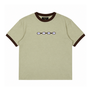 Dime Space Ringer Tee in Sage with dark brown neckline and sleeve trim and a centered Dime logo