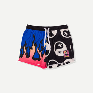 Duvin Design Co. Flame Yang Split Swim Short in Multi — wide-leg relaxed fit quick-dry swim trunk with boxer-brief liner, elastic waistband, and Velcro back pocket