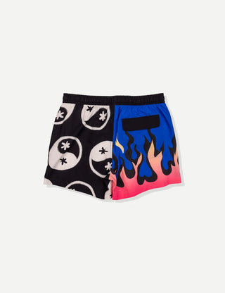 Duvin Design Co. Flame Yang Split Swim Short in Multi — wide-leg relaxed fit quick-dry swim trunk with boxer-brief liner, elastic waistband, and Velcro back pocket