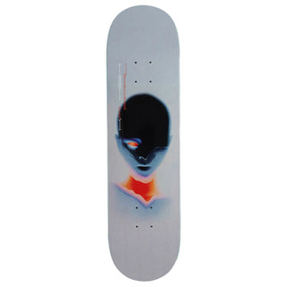 “April Kai Kishi Synth 8.25-inch skateboard deck with a gray background and futuristic face graphic accented in blue, black, and orange.”