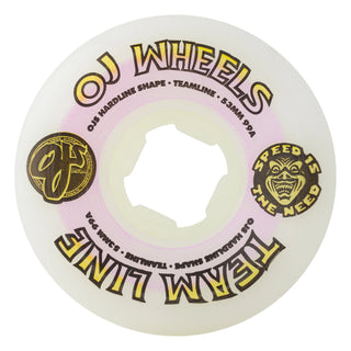OJ Wheels 53mm Team Line Hardline wheels in 99a with purple and yellow graphics for stability and speed.