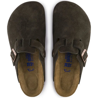 Elegant Boston Birkenstock clogs with velvety suede and supportive soft footbed.