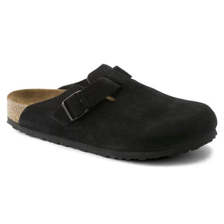 Birkenstock Boston Black suede clogs with soft footbed and adjustable strap.