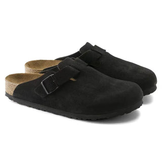 Birkenstock Boston Black suede clogs with soft footbed and adjustable strap.