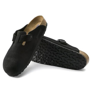Birkenstock Boston Black suede clogs with soft footbed and adjustable strap.