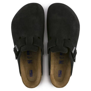 Birkenstock Boston Black suede clogs with soft footbed and adjustable strap.