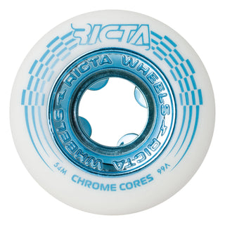Ricta 54mm Chrome Core wheels in 99a with white urethane and teal core for fast, smooth skating.