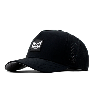melin Odysea Stacked HYDRO Snapback Hat in Black — hydrophobic crown panels, water repellant, floatable, antimicrobial, moisture-wicking lining, hidden besom pocket
