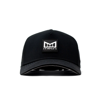 melin Odysea Stacked HYDRO Snapback Hat in Black — hydrophobic crown panels, water repellant, floatable, antimicrobial, moisture-wicking lining, hidden besom pocket