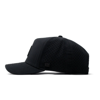 melin Odysea Stacked HYDRO Snapback Hat in Black — hydrophobic crown panels, water repellant, floatable, antimicrobial, moisture-wicking lining, hidden besom pocket