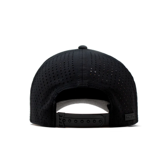 melin Odysea Stacked HYDRO Snapback Hat in Black — hydrophobic crown panels, water repellant, floatable, antimicrobial, moisture-wicking lining, hidden besom pocket