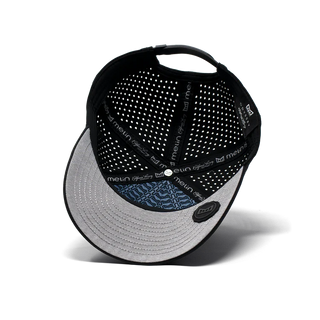 melin Odysea Stacked HYDRO Snapback Hat in Black — hydrophobic crown panels, water repellant, floatable, antimicrobial, moisture-wicking lining, hidden besom pocket
