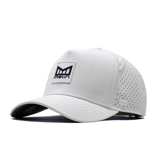 melin Odysea Stacked HYDRO Snapback Hat in White — hydrophobic crown panels, water repellant, floatable, antimicrobial, moisture-wicking lining, hidden besom pocket