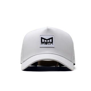 melin Odysea Stacked HYDRO Snapback Hat in White — hydrophobic crown panels, water repellant, floatable, antimicrobial, moisture-wicking lining, hidden besom pocket