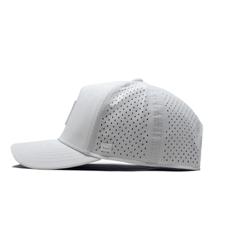 melin Odysea Stacked HYDRO Snapback Hat in White — hydrophobic crown panels, water repellant, floatable, antimicrobial, moisture-wicking lining, hidden besom pocket
