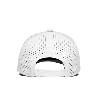 melin Odysea Stacked HYDRO Snapback Hat in White — hydrophobic crown panels, water repellant, floatable, antimicrobial, moisture-wicking lining, hidden besom pocket