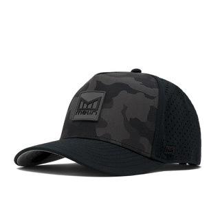 melin Odysea Stacked Hydro Hat in Black Camo — hydrophobic crown panels, water repellant, floatable, and breathable with moisture-wicking lining and hidden besom pocket