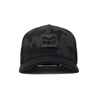 melin Odysea Stacked Hydro Hat in Black Camo — hydrophobic crown panels, water repellant, floatable, and breathable with moisture-wicking lining and hidden besom pocket
