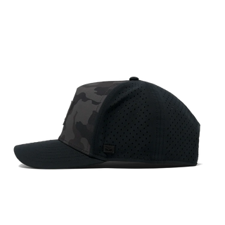 melin Odysea Stacked Hydro Hat in Black Camo — hydrophobic crown panels, water repellant, floatable, and breathable with moisture-wicking lining and hidden besom pocket