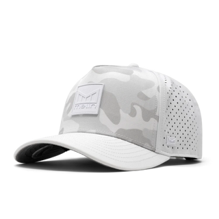 melin Odysea Stacked HYDRO Snapback Hat in Snow Camo — hydrophobic crown panels, water repellant, floatable, antimicrobial, moisture-wicking lining, hidden besom pocket