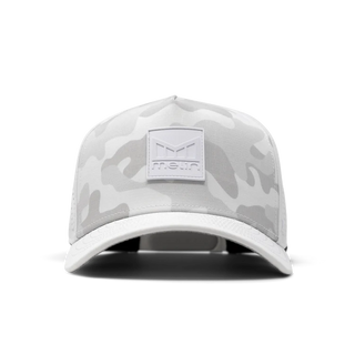 melin Odysea Stacked HYDRO Snapback Hat in Snow Camo — hydrophobic crown panels, water repellant, floatable, antimicrobial, moisture-wicking lining, hidden besom pocket