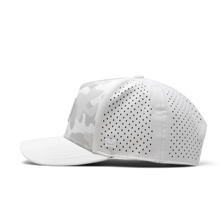 melin Odysea Stacked HYDRO Snapback Hat in Snow Camo — hydrophobic crown panels, water repellant, floatable, antimicrobial, moisture-wicking lining, hidden besom pocket
