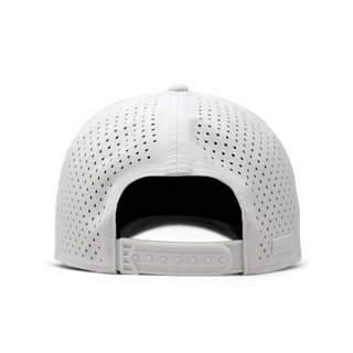 melin Odysea Stacked HYDRO Snapback Hat in Snow Camo — hydrophobic crown panels, water repellant, floatable, antimicrobial, moisture-wicking lining, hidden besom pocket