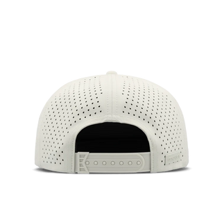 melin Coronado Brick Hydro Hat in Frosted Birch with an off-white crown, brown flat visor, rectangular melin patch, patterned rope trim, and perforated side panels.