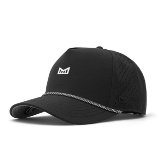 melin Odysea Rope Bulls Icon Hydro Hat in Black with a curved visor, patterned rope trim, white front logo, and perforated side panels.