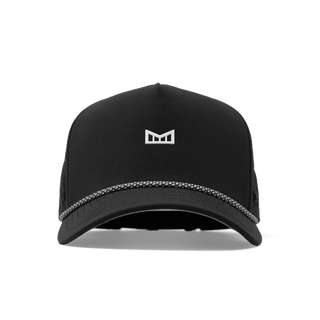 melin Odysea Rope Bulls Icon Hydro Hat in Black with a curved visor, patterned rope trim, white front logo, and perforated side panels.