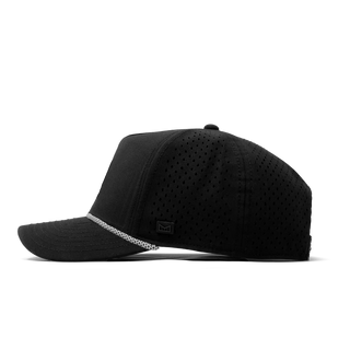 melin Odysea Rope Bulls Icon Hydro Hat in Black with a curved visor, patterned rope trim, white front logo, and perforated side panels.