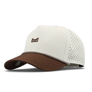 melin Odysea Rope Bulls Icon Hydro Hat in Frosted Birch with an off-white crown, brown curved visor and front logo, patterned rope trim, and perforated side panels.